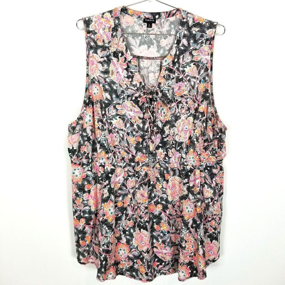 Torrid Women Plus Babydoll Stretch Challis Lace-Up Tunic Top Sz 5X Floral Summer
